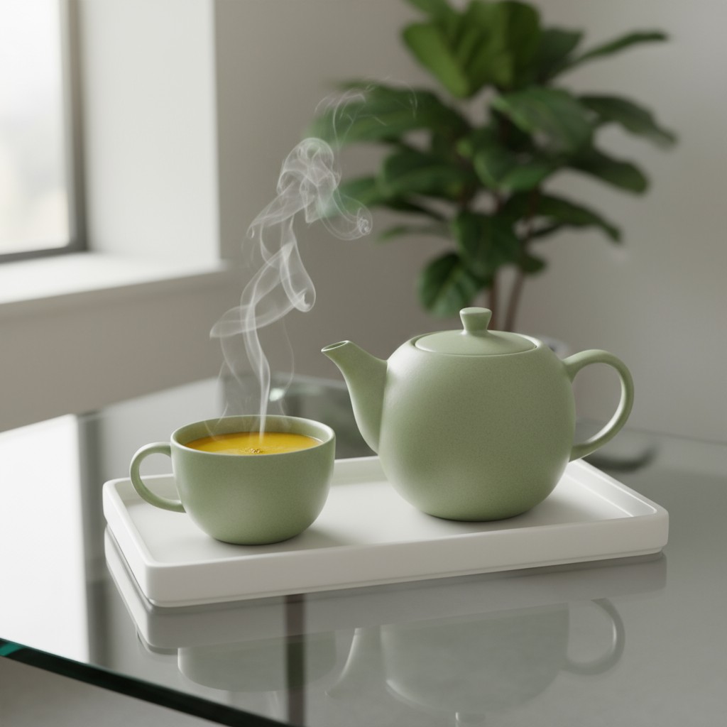A pale green teapot and matching cup filled with a bright orange-yellow liquid sit on a square white tray. The tea is smok...