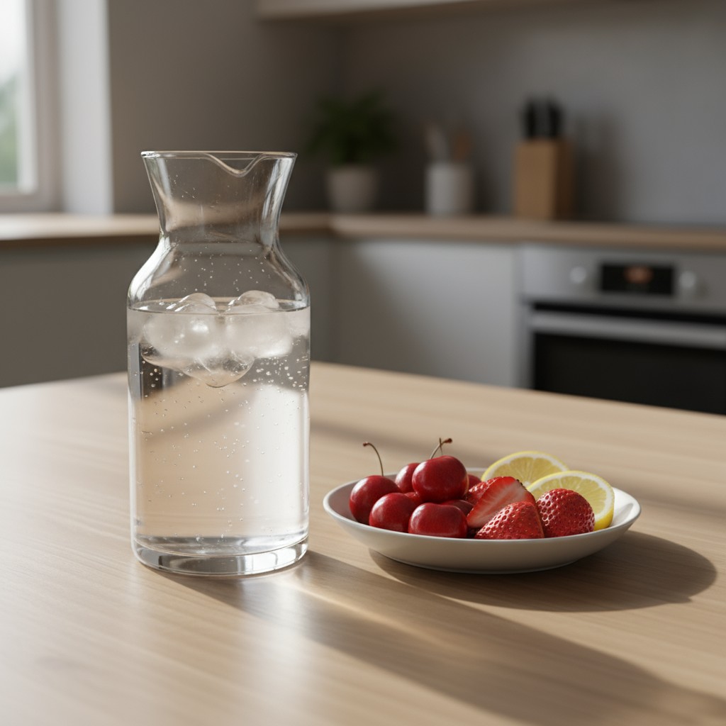 A water carafe sits on a wooden table next to a small white saucer filled with cherries, strawberries, and lemon slices; a...