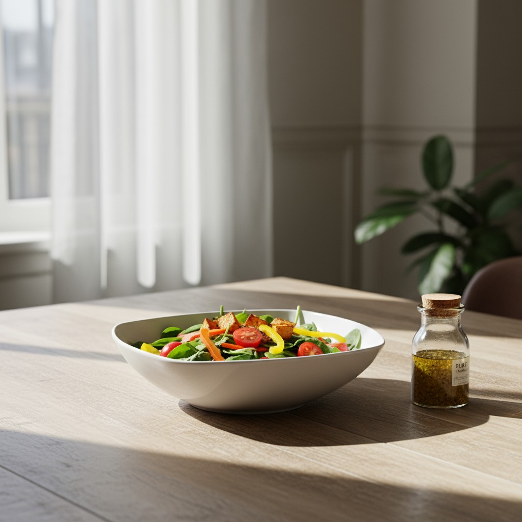 A white bowl on a counter contains a salad with a small glass bottle of dressing next to it. The bowl is full of mixed gre...