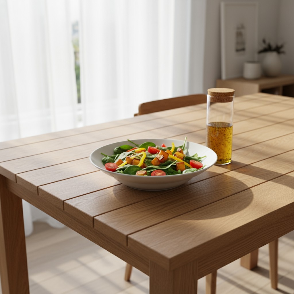 A light drink and salad on a wooden dining table, evoking a sense of serenity amidst busy daily life.