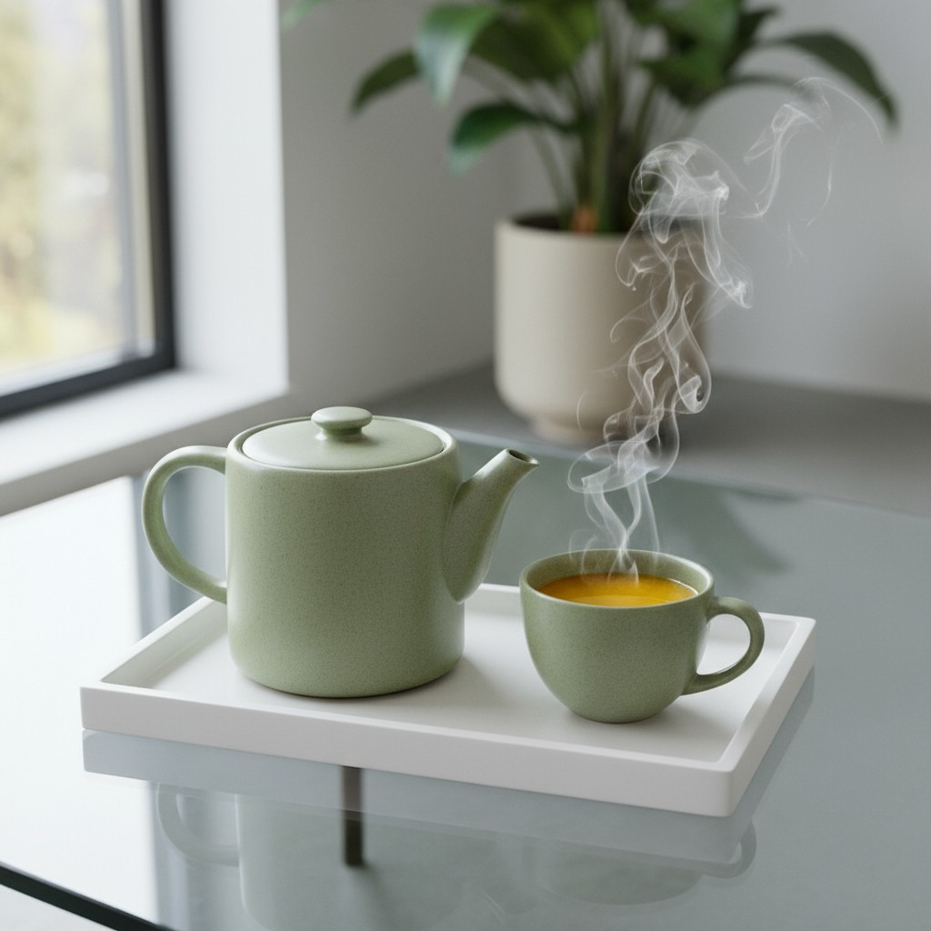 A tea set on a white tray, placed on a reflective table in a bright room with a plant in the background.