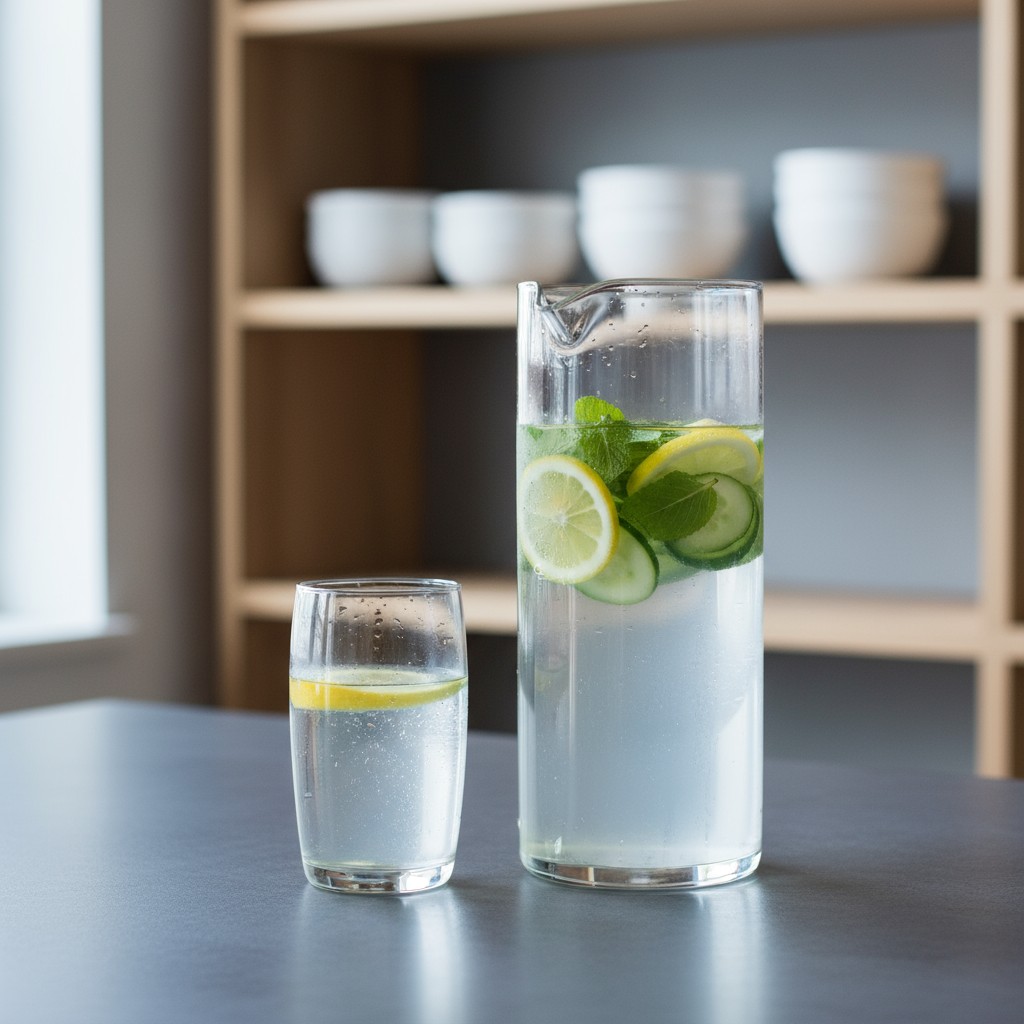The image depicts a tall glass filled with water, lemon and cucumber slices, and mint leaves on a grey countertop in front...